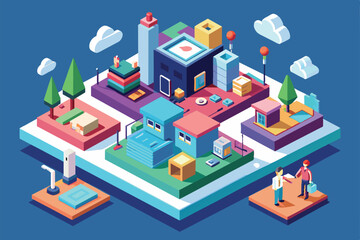 A vibrant isometric city layout shows buildings, trees, and people interacting in a playful environment, Post Customizable Isometric Illustration