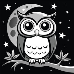 Fototapeta premium Big-Eyed Cartoon Owl on Tree Branch - Fun and Easy Nighttime Coloring Page for Kids, Cartoon Owl Coloring Page, Easy Owl Drawing for Kids, Cute Owl Illustration 