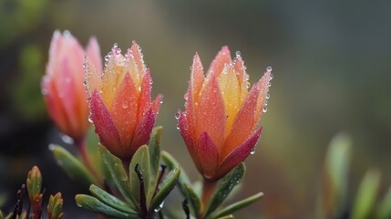 Tiny mountain blooms with raindrops clinging to them, their petals fading into transparency, a breathtaking close-up shot.