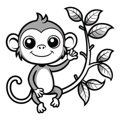 Cute Monkey Hanging from Tree Branch – Easy Black and White Coloring Page for Kids, Monkey Coloring Page, Cartoon Jungle Monkey, Hanging Monkey Drawing
