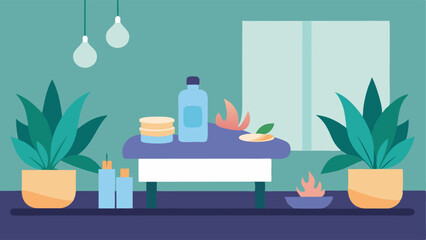 Treatment Room Setting A soothing spa treatment room illustration with soft lighting plants and beauty products conveying a relaxing environment.