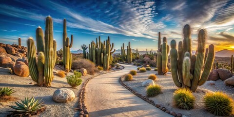 Serene desert landscape with winding pathway amidst majestic cacti bathed in the golden light of sunset