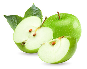 green apple with half of apple and green leaves isolated on white background. clipping path