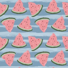 A vibrant seamless pattern features watermelon slices in pink and green