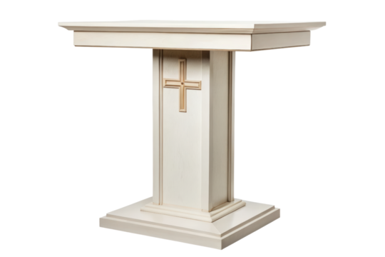 White altar table with cross for church isolated with transparent background