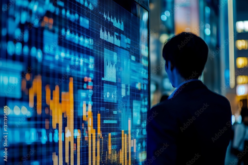 Poster a man is looking at a computer screen with a lot of numbers and graphs