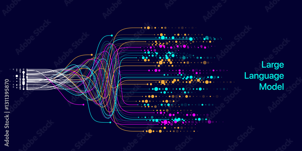 Poster illustration of abstract stream. artificial intelligence. big data, technology, ai, data transfer, d