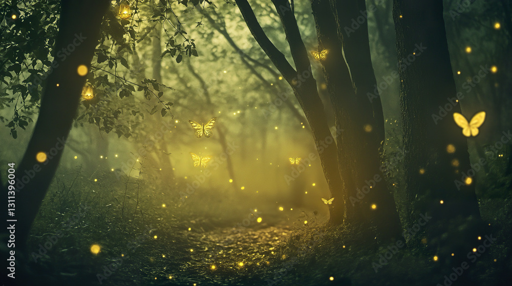 Poster mysterious forest glows with soft golden lanterns and butterflies