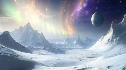 Frozen alien landscape with aurora borealis
