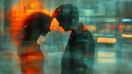 Couple stands close, their silhouettes framed by city lights and rain