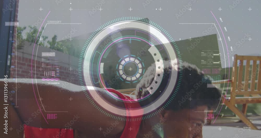 Aufkleber using futuristic digital interface, person working outside on project with laptop