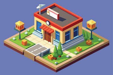 A colorful post office features landscaped surroundings, clear pathways, and decorative elements inviting visitors, Post office Customizable Isometric Illustration