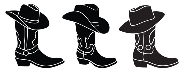 Cowboy boots and western hat, Set of rodeo cowboy Silhouette,Vector illustration. Cowboy boot line art isolated on white background