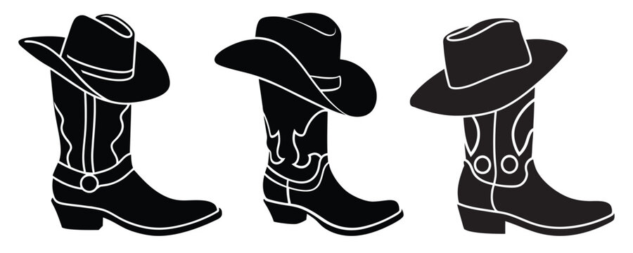 Cowboy boots and western hat, Set of rodeo cowboy Silhouette,Vector illustration. Cowboy boot line art isolated on white background