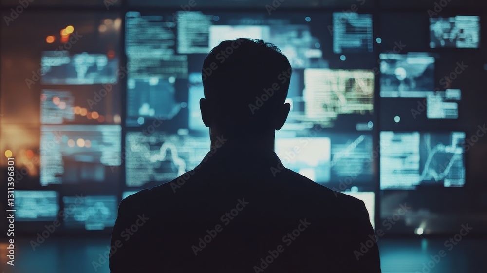 Poster a man is looking at a computer screen with many different screens