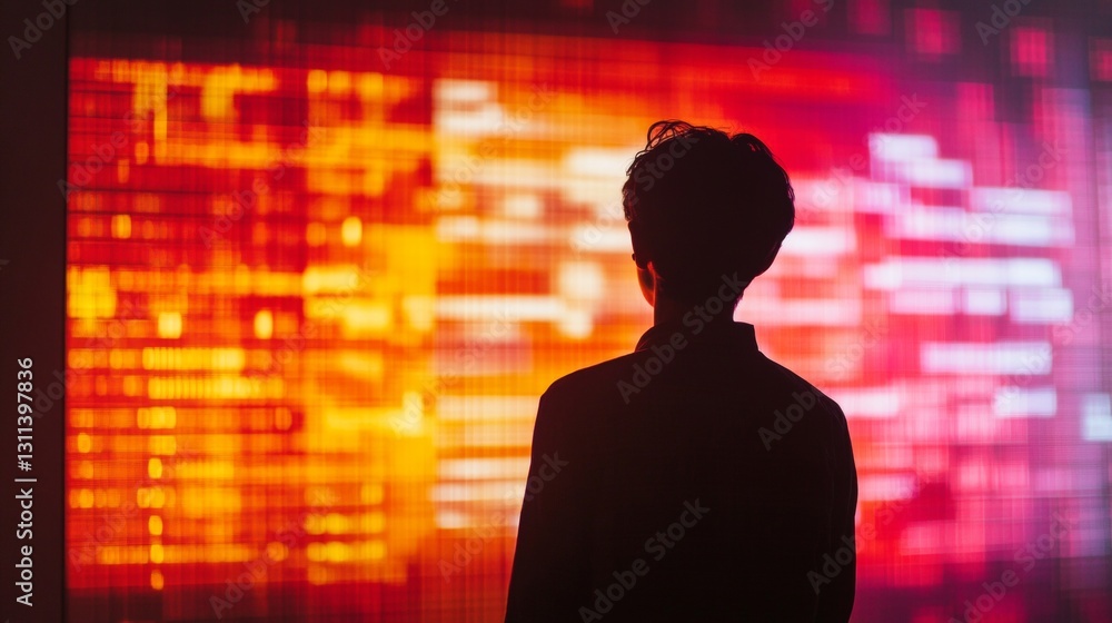 Poster silhouette of a person against a colorful digital screen displaying abstract light patterns
