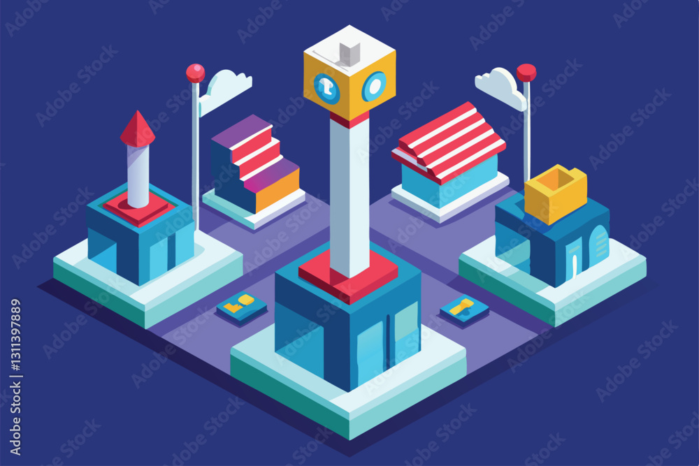 Poster explore a vibrant urban layout with customizable buildings and landmarks in a playful isometric styl