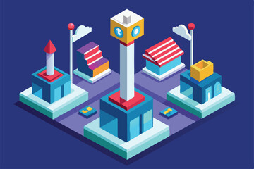 Naklejka premium Explore a vibrant urban layout with customizable buildings and landmarks in a playful isometric style, Posts Customizable Isometric Illustration