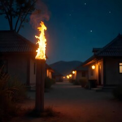 Flaming Bamboo Torch: Traditional Light in the Darkness
