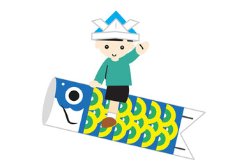 鯉のぼりに乗って手をふる男の子