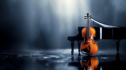 Violin, piano, stage, spotlight, reflection, concert, music, performance, dark, background