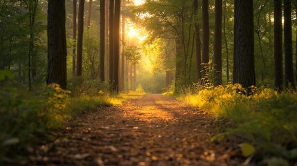 Fototapeta premium Golden sunlight illuminates a tranquil forest path, evoking peace and natural harmony