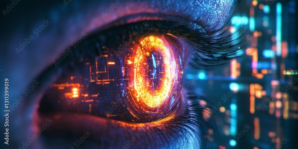 Poster close-up of a futuristic eye with glowing digital patterns representing technology and innovation