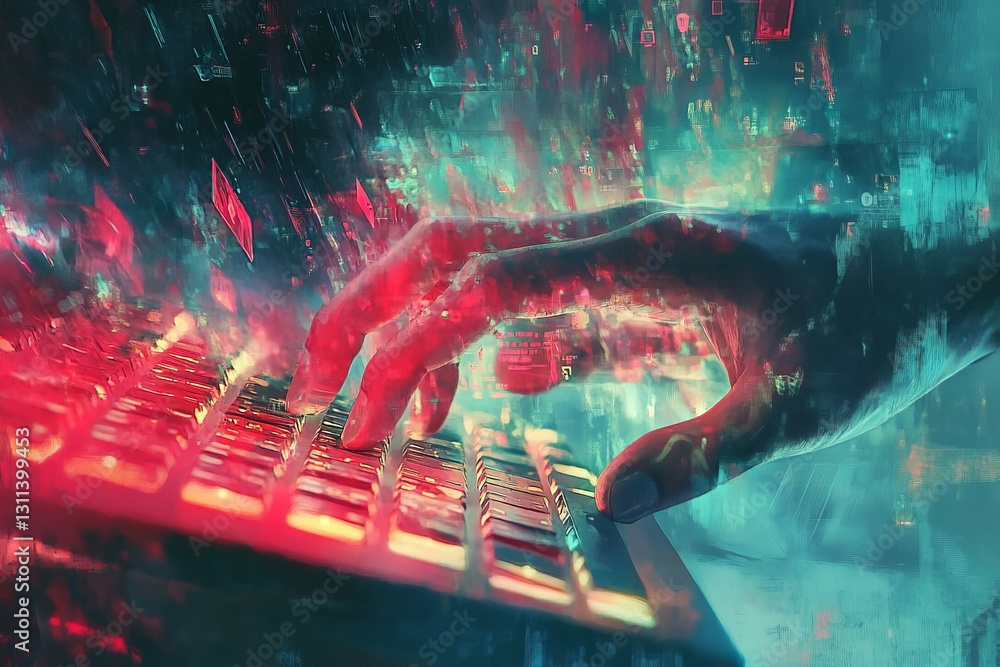 Poster abstract digital interaction with hands on keyboard in neon colors