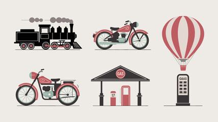Vector Icon Set of Vintage Transportation, Including Train, Motorcycle, Bicycle, Hot Air Balloon, Gas Station, and Fuel Pump Graphics