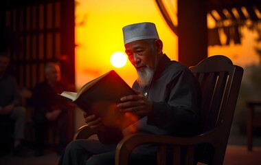 Wisdom in the Glow: An Elderly Man Immersed in a Book Under Warm Orange Light