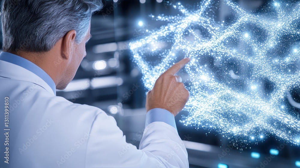 Poster scientist interacts with virtual particle network.