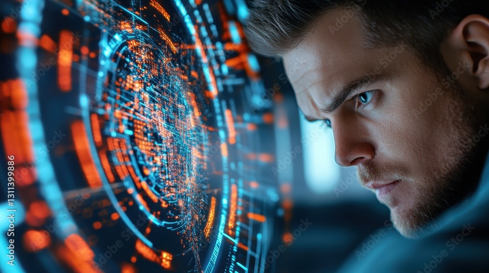 Poster focused man analyzing futuristic data visualization screen