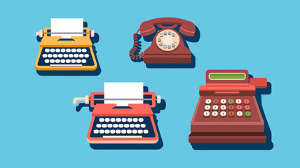 Vintage Communication Icons Vector Set: Typewriter, Telephone, Cash Register, Retro Design for Graphic Projects, Digital Art, and Website Elements.