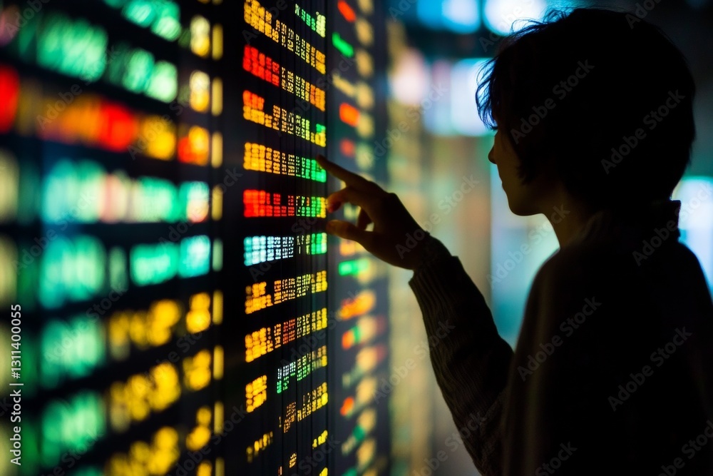 Poster person analyzing colorful data display on digital screen in modern business environment