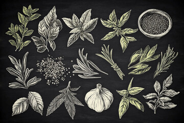 Hand drawn collection of popular herbs and spices. Culinary poster for cookbook and kitchen decor. Black chalk board drawings. Vintage etching style