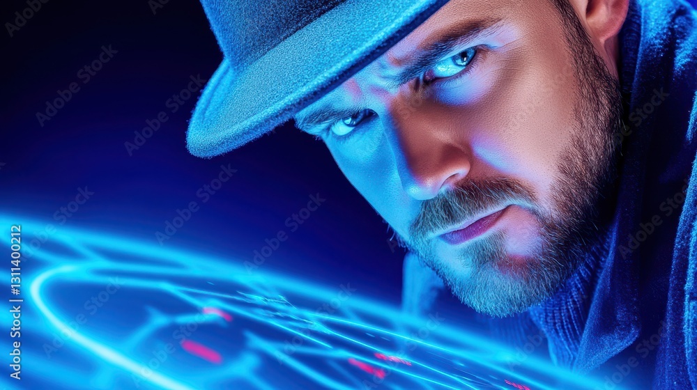 Poster man with hat examining futuristic digital interface.