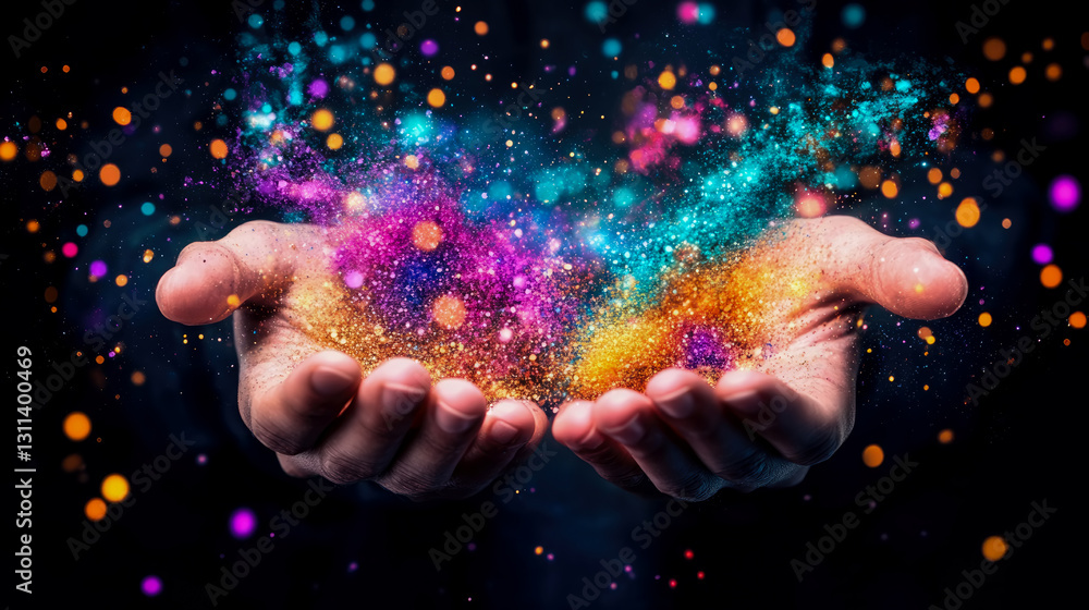 Poster magic in hand: a mystical cloud of colorful particles emanating from open palms, symbolizing creatio