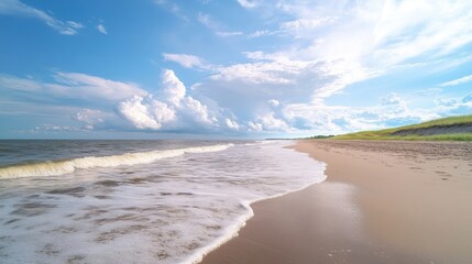 Obraz premium serene beach scene with blue sky and fluffy clouds
