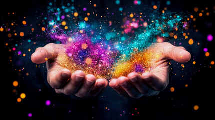 Magic in Hand: A mystical cloud of colorful particles emanating from open palms, Symbolizing creation, wonder, and the power of imagination.
