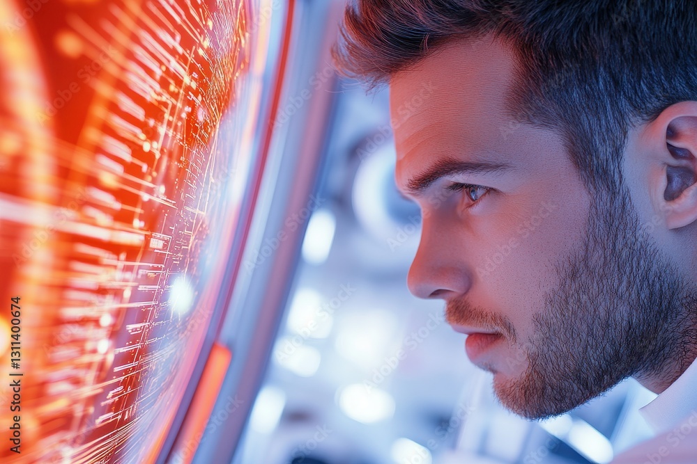 Poster young man observes intense digital data patterns