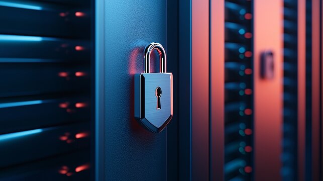 information records privacy, data encryption locks, secure servers, glowing key icons, deep cyber protection themes, moody lighting, blue and red accents, minimalist interface, professional data