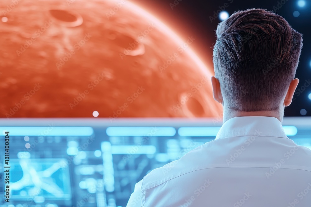 Poster scientist observes mars data on futuristic interface.
