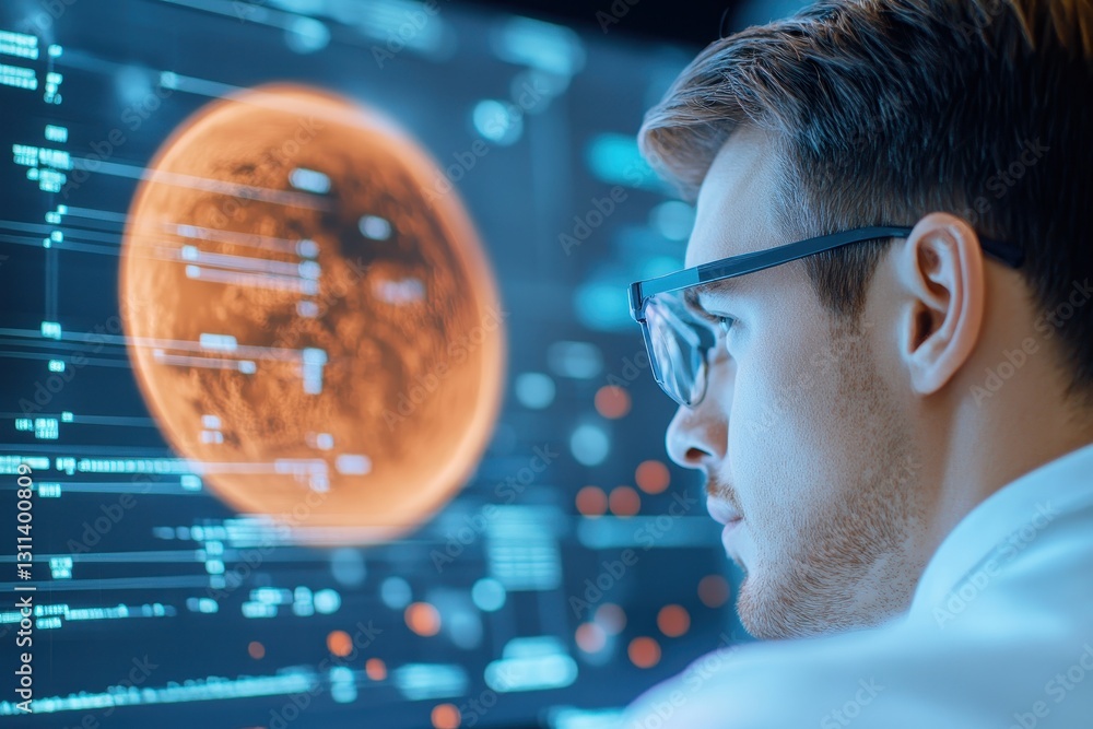 Poster profile of man analyzing glowing orange data display