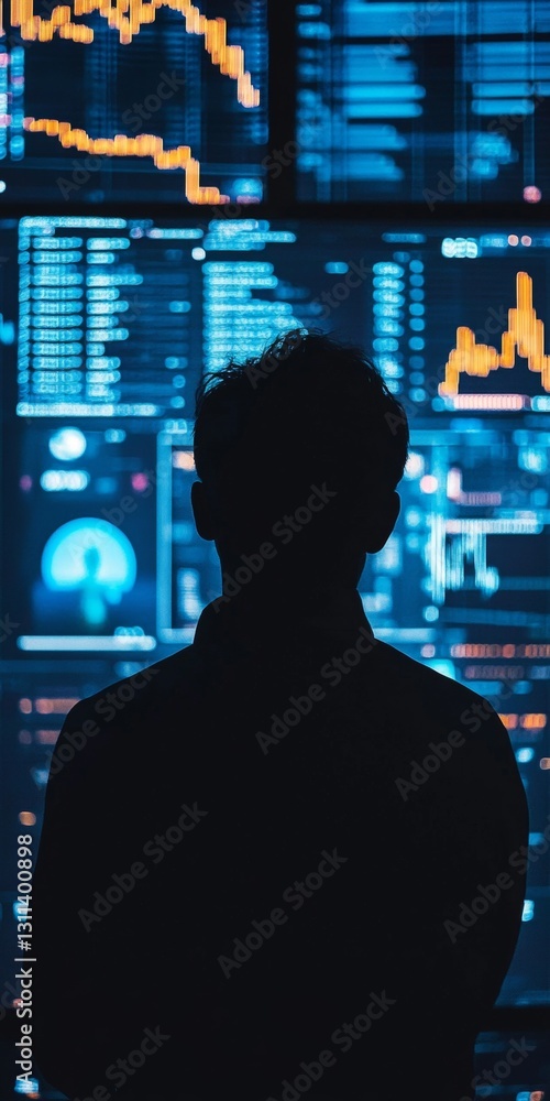 Poster silhouette of a person analyzing digital data on multiple screens in a modern office environment