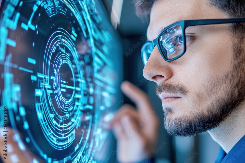 Poster technologist examining digital interface for insights.