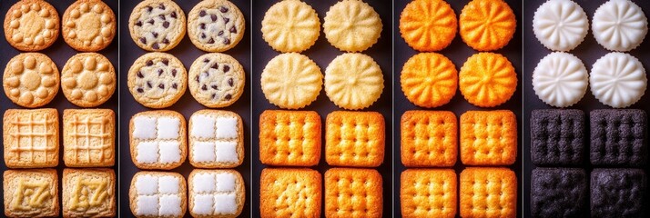 Fototapeta premium Assortment of Sweet Cookies and Biscuits Top View, Flat Lay with White Lines Separation,