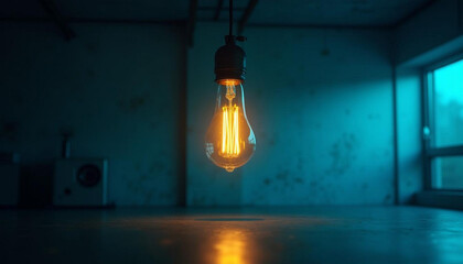 Illuminated Filament Light Bulb Hanging in Moody Blue Room Lighting
