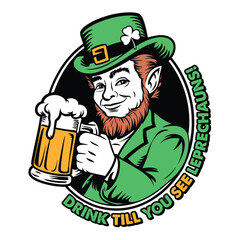 Smiling leprechaun with beer celebrating St Patrick's Day with shamrocks and hat