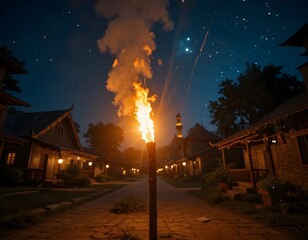 Flaming Bamboo Torch: Traditional Light in the Darkness