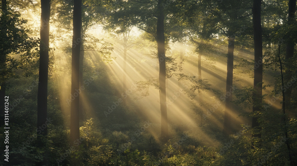 Poster sunlight filters through trees in serene forest at dawn
